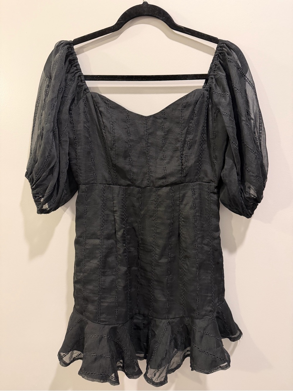 The Vintage Shop Puff Sleeve Sweetheart Neckline Lace Detail Ruffle Hem Dress M